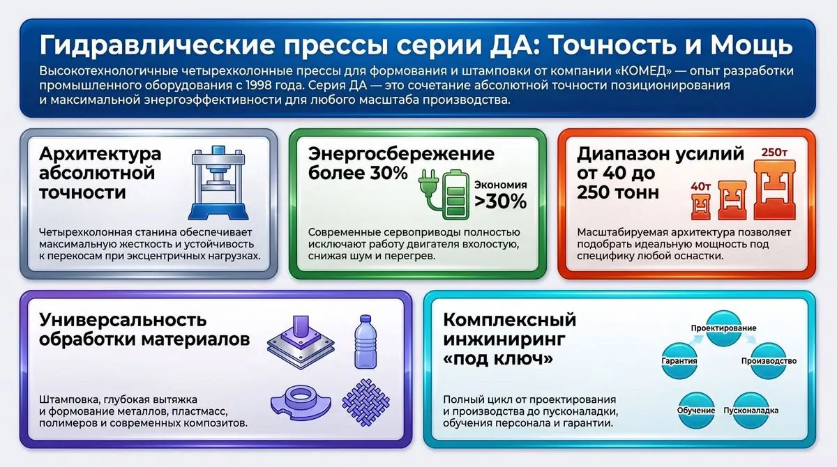 Преимущества внедрения гидравлические прессы серии ДА производства ООО "КОМЕД" г. Волжский