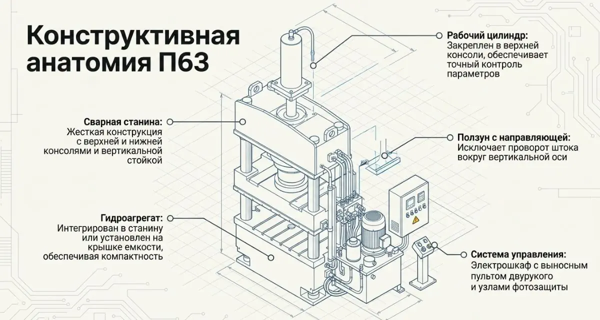 Конструкция вертикального гидравлического пресса серии П63